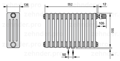 Схема (чертеж) Радиатор Zehnder Charleston 4055/12 №V008 Белый глянцевый RAL 9016